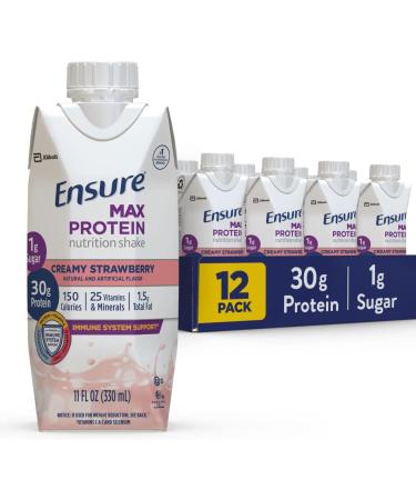 Ensure Max Protein Nutrition Shake with 30g of Protein & Max Protein Nutrition Shake with 30g of Protein 1g of Sugar High Protein Shake Creamy Strawberry 11 fl oz (Pack of 12) - Buy Online on GoSupps.com