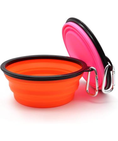 Slson Foldable Travel Dog Bowls - 2 Pack (1000ml) with Carabiners for Dogs & Cats - Safe Portable Pet Feeding & Water Bowls in Orange & Pink - Buy Online on GoSupps.com
