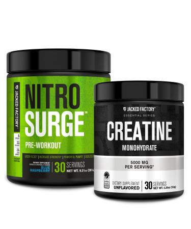 Jacked Factory NITROSURGE Pre Workout Supplement (Blue Raspberry) Creatine Monohydrate Powder 150g for Muscle Growth Increased Strength Enhanced Energy