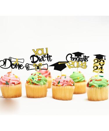24 Pcs 2024 Graduation Cupcake Toppers You Did It Theme Party Cake Decoration Black and Gold Dessert Insert MGPFERD - Buy Online on GoSupps.com