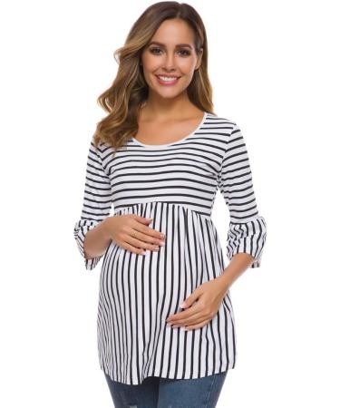 Love2Mi Women Maternity Blouse | A-Line Pregnancy Shirt | 3/4 Bell-Sleeve | S White Black Stripe - Buy Online on GoSupps.com