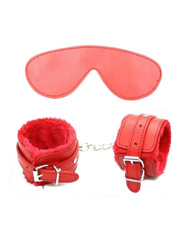 APaisix Soft sleep plush eye mask leather handcuffs Holiday gift/party/Game props/cosplay (Red)