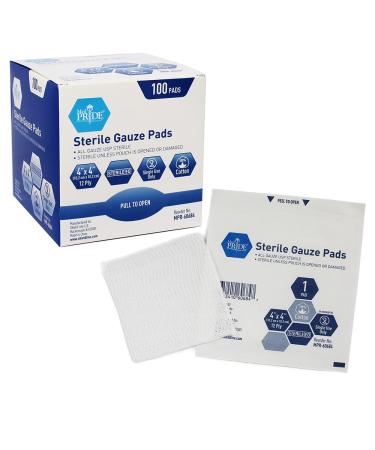 Medpride 4’’ x 4’’ Sterile Gauze Pads for Wound Dressing| 100-Pack, Individually Packed Pouches| 12-Ply Cotton & Highly Absorbent| Gauze Sponge-Pads for Wound Care & Home First Aid Kits 4x4 Inch (Pack of 100)