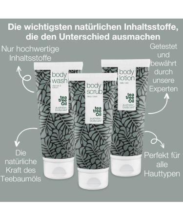 Australian Bodycare Set | Tea Tree Oil Body Peeling Shower Gel & Lotion for Acne & Itchy Skin - 100% Vegan 200ml (3 Pack) | International Shipping - Buy Online on GoSupps.com
