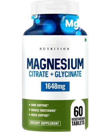 Magnesium Citrate + Glycinate 1648 mg Supplement for Men and Women - 60 Veg Tablets
