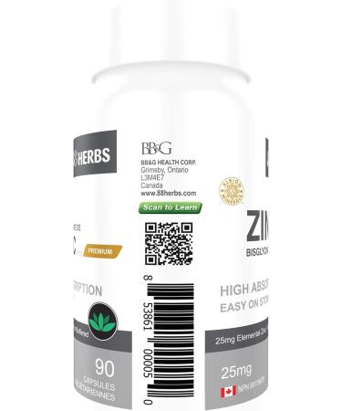 Zinc Bisglycinate Highest Absorption Non Buffered Premium Grade - 90 Veg Caps 25 mg (Elemental Zinc) - Buy Online on GoSupps.com