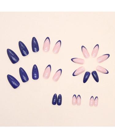 Justotry 24 Pcs Glitter Almond Navy Blue French False Nails - Medium Stiletto Stick on Nails with Nail Glue for Women - Nail Art Fake Nails - Buy Online on GoSupps.com