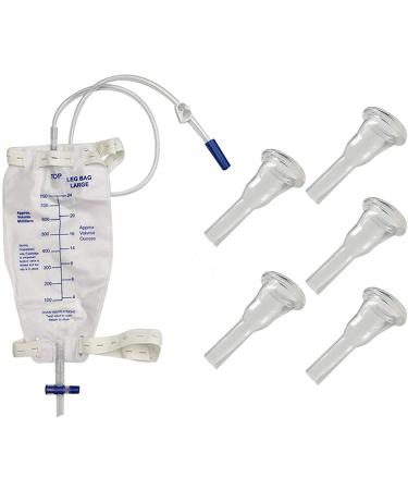 Male Urine Leg Bag Collector,5-Condom Catheters Self-Seal 35mm (Intermediate), Premium Leg Bag 750ml 30 Inch PVC Extension Tubing, Tubing Straps & Fast and Easy Draining