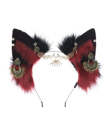 Bottone Sweet Students Woman Photoshoots Hairband with Forehead Chain Decors Foxes Ears Headbands Ethnic Style Cartoon Hair Hoop Burgundy