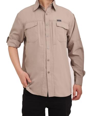 WORK IDEA Men's Sun Protection Hiking Shirts UPF 50+ UV Quick Dry Cooling Long Sleeve Work Shirts for Fishing Dark Beige Medium