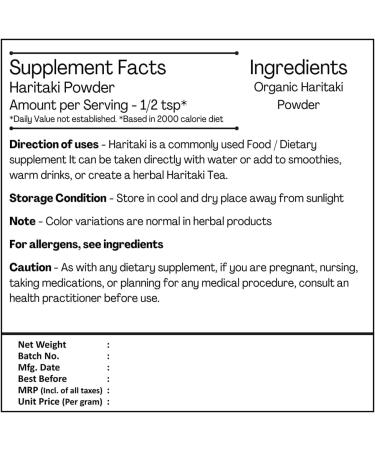 Organic Haritaki Powder - 227g USDA Certified - Ayurvedic Herb for Detox & Rejuvenation - Buy Online on GoSupps.com