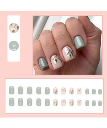 24 PCS Green Leaf Press On Nails - Short Square Glossy False Nails with Leaves Design - Reusable Pink Acrylic Nail Tips for Women & Girls - Buy Online on GoSupps.com
