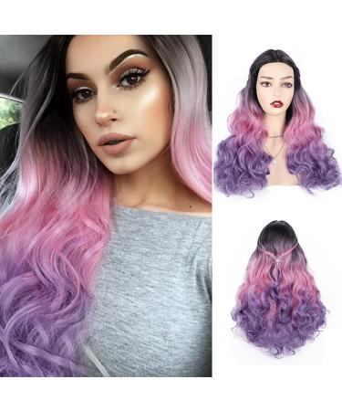 AISI BEAUTY Ombre Long Costume Wavy Synthetic Wig Black to Pink to Purple Color for Cosplay Girls and Women Party or Daily Use Wig ombre pink and purple