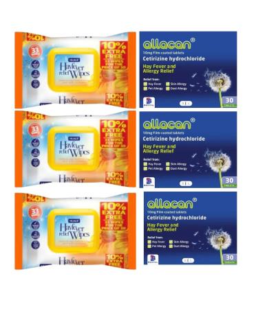 Hayfever Allergy Relief Bundle- 3 x Hayfever Allergy Relief Wipes 30 Wipes & 3 x Allergy Tablets 30