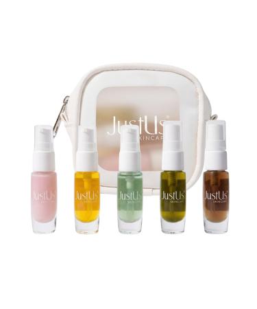 JustUs Skincare Mini Kit 5 Piece Anti-Aging Travel Set for Hydration, Firmness, Brightening + Glow Includes Free Travel Case | $115 Value