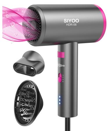SIYOO Hair Dryer with Diffuser, 1600W Ionic Blow Dryer, Constant Temperature Hair Care Without Hair Damage, Lightweight Portable Travel Hairdryer, Grey Pink Full Size Grey Pink