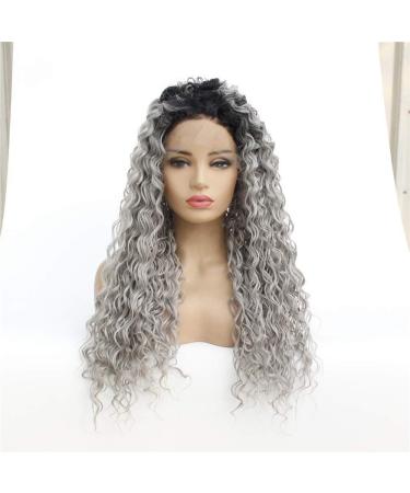wig Front lace chemical fiber wig ladies small roll long curly hair gradient gray wig headgear