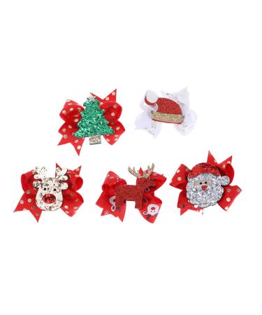 Lurrose Christmas Bow Hair Clip Elk Hairpin Sequin Hair Bow Grosgrain Clip for Girls Children Christmas Party Festival Hair Decor 5pcs