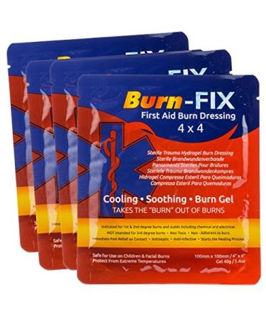 Burn-FIX 4" X 4" First Aid Burn Gel Dressing  Immediate Pain & Relief Burn Cream - Hydrogel For 1st, 2nd Degree Burns - Chemical, Razor & Sunburns - Burn Care Treatment for Home, Work & Fire | 4 Pack 1.4 Ounce (Pack of 4)