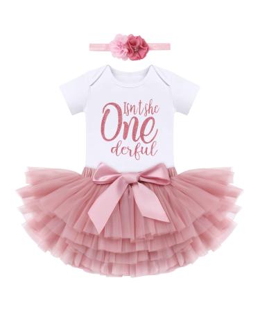 FYMNSI Boho Rainbow First Birthday Outfit for Baby Girl Cake Smash Photo Shooting Romper Tutu Skirt Headwear 3pcs Set 1 Year Dusty Pink One Derful