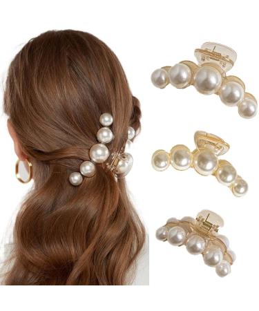 Urieo 3PCS Large Pearl Hair Claw Clips Nonslip Acrylic Hair Barrette Jaw Clamp for Thick Hair Strong Hold Hair Clip Hair Accessories for Women and Girls