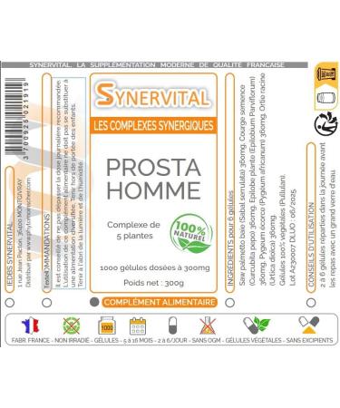 Prosta Homme Synervital 1000 Capsules of 300 mg Plant Complex for Prostate Urinary Comfort Sabal Squash Epilobe Pygeum Nettle Food Supplement Made in France - Buy Online on GoSupps.com