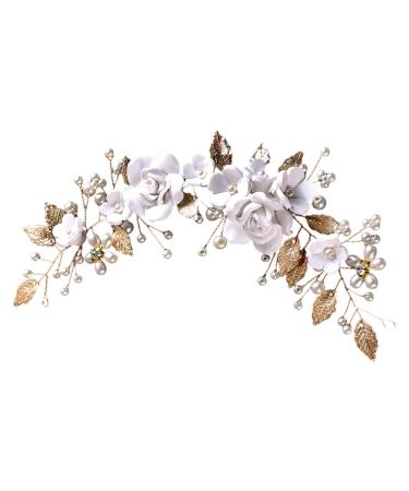 Flower Headband Bridal Headbands Wedding Rhinestone Bride Hair Clip Handmade Floral Headpiece Bridesmaid Party Hair Accessories for Women Girls (Gold)
