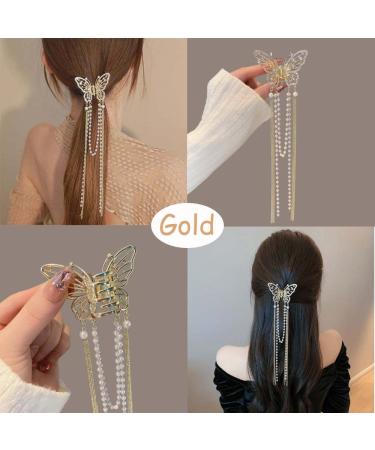 2Pcs Rhinestone Butterfly Hair Clips - Gold & Black | Strong Hold Hair Jaw Clips | French Hair Accessories with Tassel Design - Buy Online on GoSupps.com