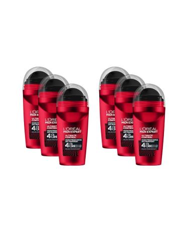 L'Or al Men Expert 48H Ultimate Control Roll-on Deodorant for Men Against Sweat Perspiration and Underarm Moisture Fresh Woody Scent Alcohol-Free 6 x 50 ml