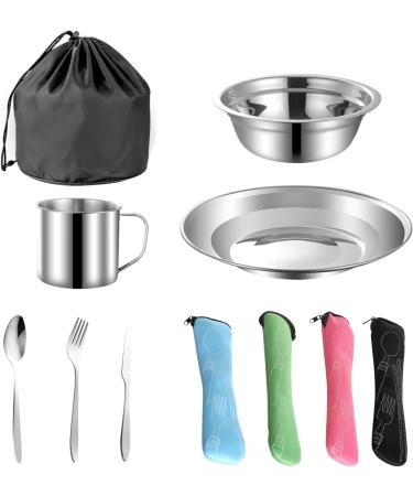 29pcs Stainless Steel Outdoor Camping Mess Kit for 4 Person | Tableware Set with Plate, Bowl, Cup, Spoon, Fork, Knife | Ideal for Camping, Backpacking & Hiking - Buy Online on GoSupps.com