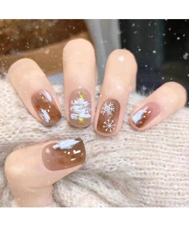 Brishow Christmas False Nails Snow Press on Nails Glitter Stick on Nails Ballerina Acrylic Short Fake Nails 24pcs for Women and Girls (E)