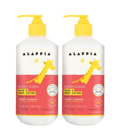 Alaffia Babies & Kids Hair & Body Lotion, Skin Care & Hair Care, Two in One Moisturizing Lotion, Leaves Skin and Hair Soft and Smooth, Coconut Strawberry, 2 Pack - 16 Fl Oz Ea 16 Fl Oz (Pack of 2)
