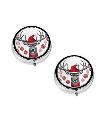 (Funny Christmas Moose) Round Pill Box 3 Compartment Pill Box Mini Decorative Pocket Purse Portable Travel Medicine Tablet Vitamin Holder Organizer Pill Case