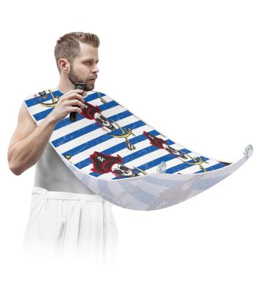 Pirate Skull Stripe Beard Bib Apron Beard Bib Hair Catcher for Men Shaving and Trimming Non-Stick Waterproof Beard Cape Grooming Cloth with 2 Suction Cups Gifts for Men