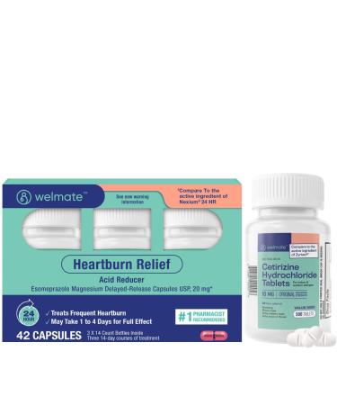 WELMATE Daily Relief Bundle | Cetirizine 10mg + Esomeprazole 20mg | 24 Hour Allergy & Heartburn Support | 500 Tablets + 42 Capsules