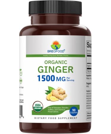 Brieofood Organic Ginger 1500mg - 45 Servings - 90 Vegetarian Tablets | Vegetarian & Gluten Free - Buy Online on GoSupps.com