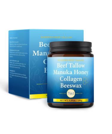 Beef Tallow Collagen Manuka Honey Balm 7 in 1 Whipped Tallow and Honey Face Moisturizer for Dry & Sensitive Skin Nourishing Beef Tallow Cream with Beeswax for Face & Body (1)