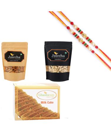 Ghasitaram Gifts Rakhi Gifts for Brothers Rakhi Sweets - Best of Almonds Cashews and Milk Cake with 2 Pearl Beads Rakhis Best of Almonds Cashews & Milk Cake with 2 Rakhis