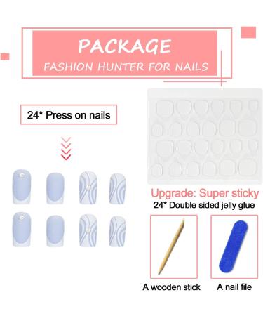 Frosted Blue French Tip Press on Nails with Rhinestone Designs - 24Pcs | Square Acrylic False Nails | Reusable Stick on Nails for Women - Buy Online on GoSupps.com