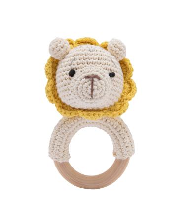 Youuys Wooden Rattle for Baby Brain Development, Crochet Lion Wood Baby Rattle Teething Ring Teether, Cute Woodland Animal First Rattle Toy for Newborn Yellow Lion