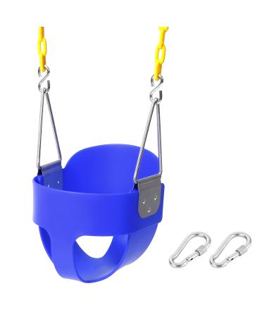 High Back Full Bucket Toddler Swing Seat with Yellow Plastic Coated Swing Chains Fully Assembled Swing Basket with Snap Hook - Heavy-Duty Swing Baby Seat Blue