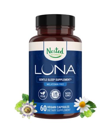 Nested Naturals Luna Sleep Supplement Melatonin Free Non-Habit Forming Herbal Sleep Supplement Adult Bedtime Support Help Sleeping w/Chamomile Valerian L-Theanine 60 Vegan Capsules Luna Herbal Melatonin Free