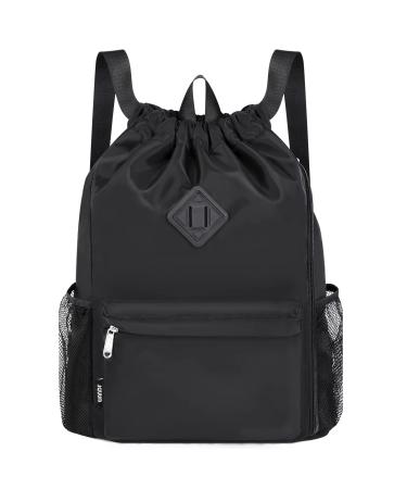 WANDF Drawstring Backpack Sports Gym Bag with Shoes Compartment Water-Resistant String Backpack Cinch for Women Men (Large Black) Black Large