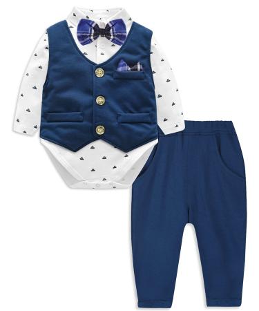 mintgreen Baby Boys Formal Outfit 3 Pieces Newborn Gentleman Wedding Tuxedo Bodysuit + Waistcoat + Trousers Navy Blue 18-24 Months