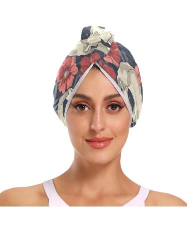 Seamless Pattern with Cute Skulls and Flowers Hair Towel 2 Pack Super Absorbent Hair Drying Towel Quick Dry Hair Turbans Head Towel with Button Twisty Wrap for Women Girls