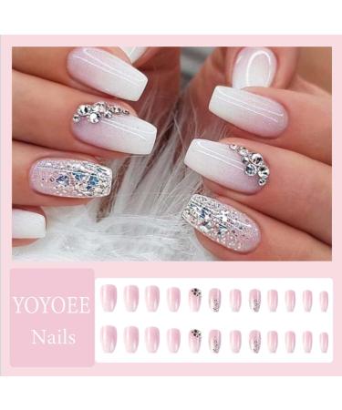 YoYoee Medium Coffin Press On Nails - Crystal Gem Design Reusable Acrylic Gradient False Nails for Women & Girls (24 PCS) - Shop Now - Buy Online on GoSupps.com