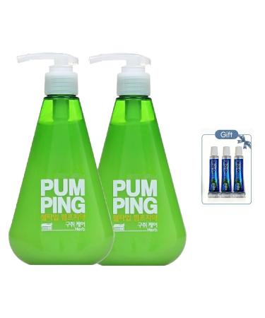 Pumping Toothpaste Herb Flavor Gel Type Tartar Care & Fresh Breath Pump Dispenser Made in Korea 10.05 oz (285g) x 2 Pack + Bonus 3 Travel Minis (5g)