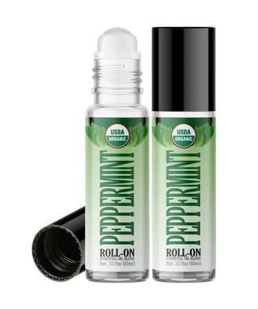 Organic Peppermint Roll On Essential Oil RollerBall (2 PACK - USDA CERTIFIED ORGANIC) Pre-diluted with Glass Roller Ball for Aromatherapy, Kids, Children, Adults Topical Skin Application - 10ml Bottle