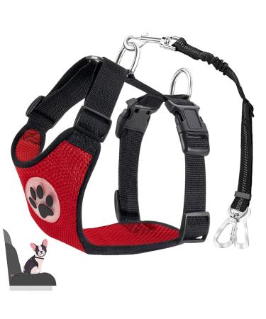 Eyin dog harness with seat belt for car 2 carabin hooks-combined with seat belt buckle child safety seat or trunk adjustable breathable dishes (red s) red s