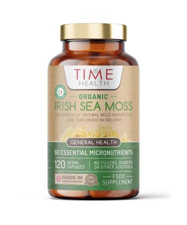 Organic Irish Sea Moss (Chrondrus crispus) - 120 Capsules - Wild Harvested from Irish Waters - Source of 92 Essential Nutrients - Iodine - Dr. Sebi - UK Made - GMP - Zero Additives 120 Count (Pack of 1)